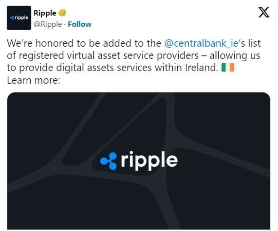 爱尔兰中央银行正式批准 Ripple XRP 在欧洲的采用