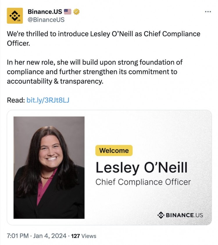 莱斯利·奥尼尔 (Lesley O'Neill) 被任命为 Binance.US 首席合规官